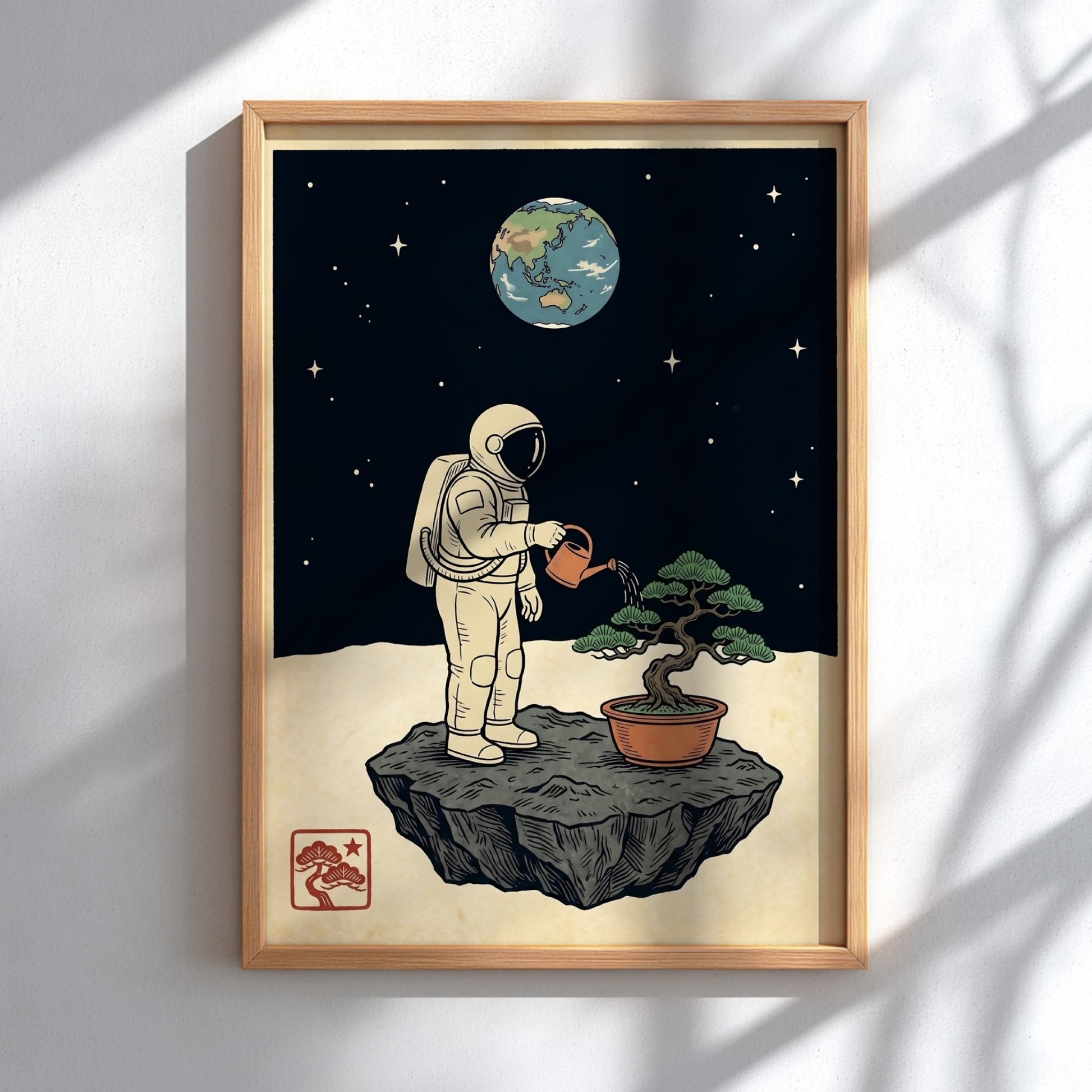Japanese art style poster featuring an astronaut watering a bonsai tree on the moon with a cosmic backdrop