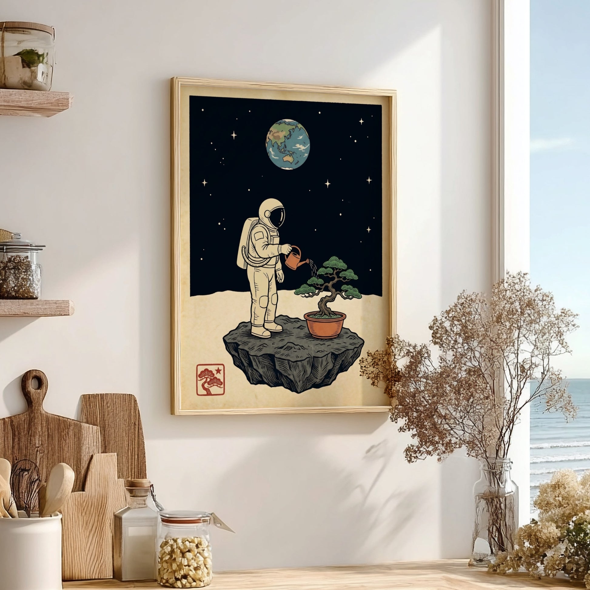 Japanese art style poster featuring an astronaut watering a bonsai tree on the moon with a cosmic backdrop