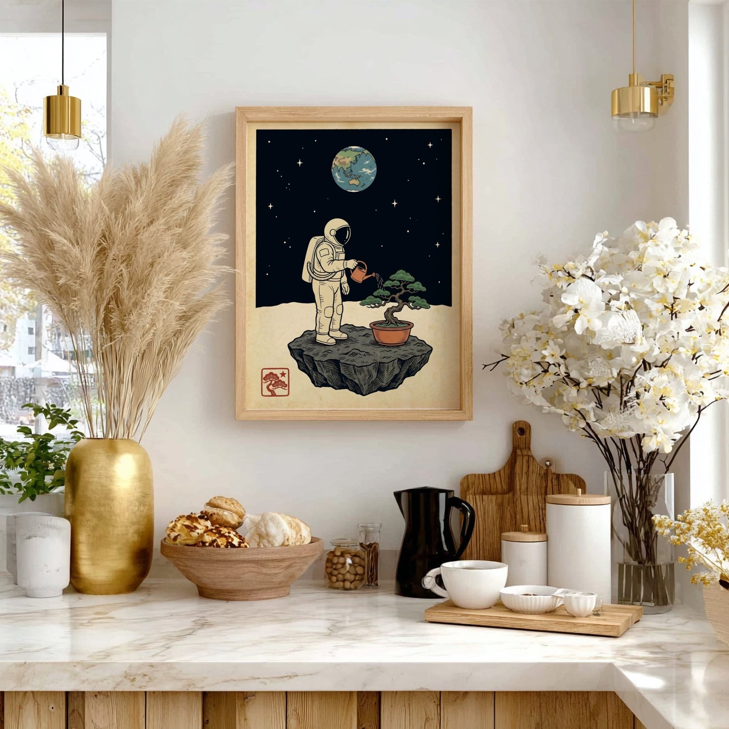 Japanese art style poster featuring an astronaut watering a bonsai tree on the moon with a cosmic backdrop