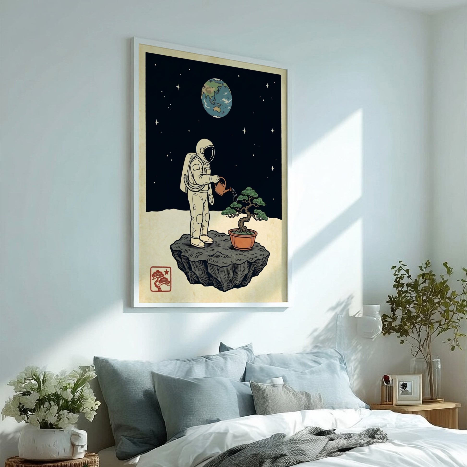 Japanese art style poster featuring an astronaut watering a bonsai tree on the moon with a cosmic backdrop