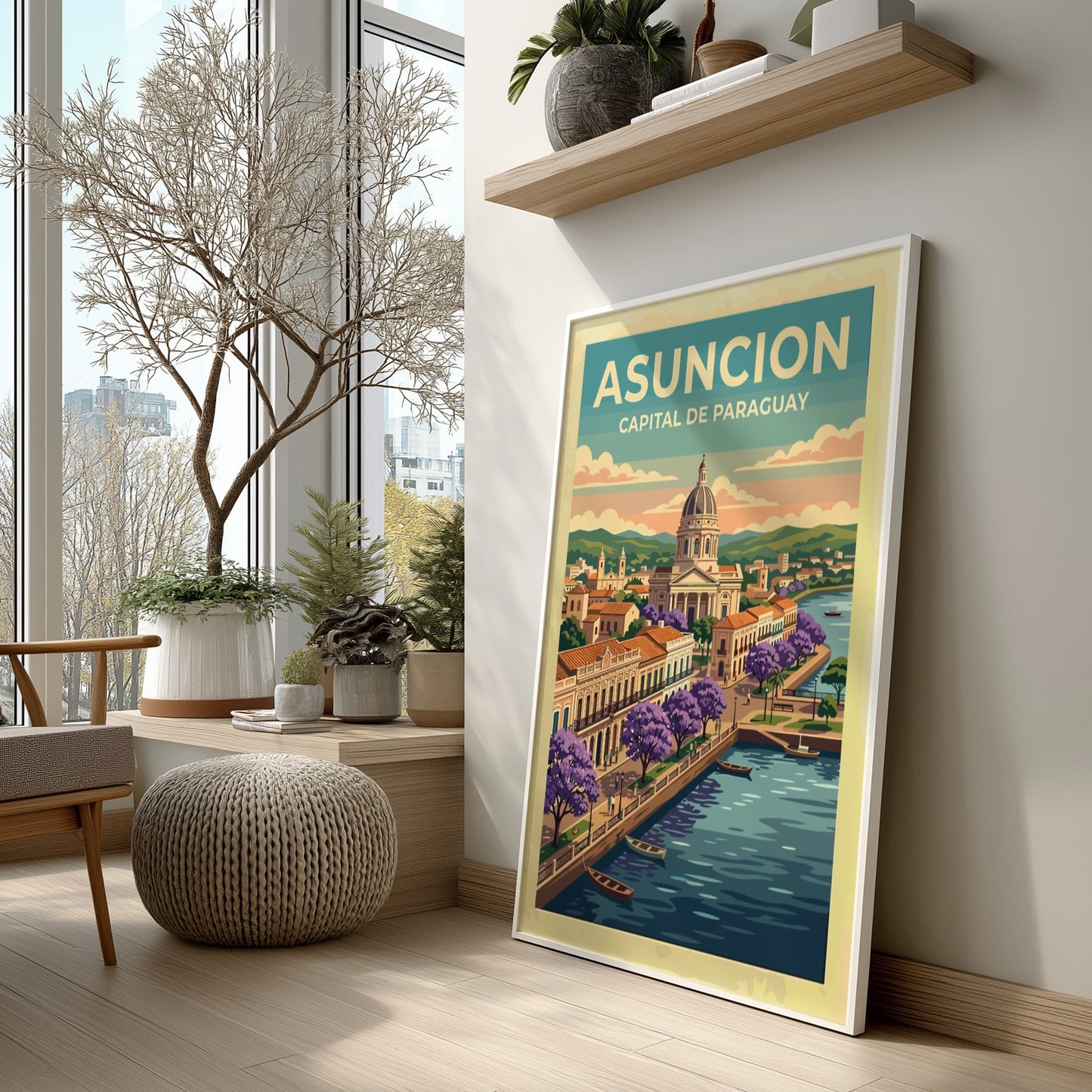 Travel poster of Asuncion featuring a domed building, purple flowering trees, and boats.