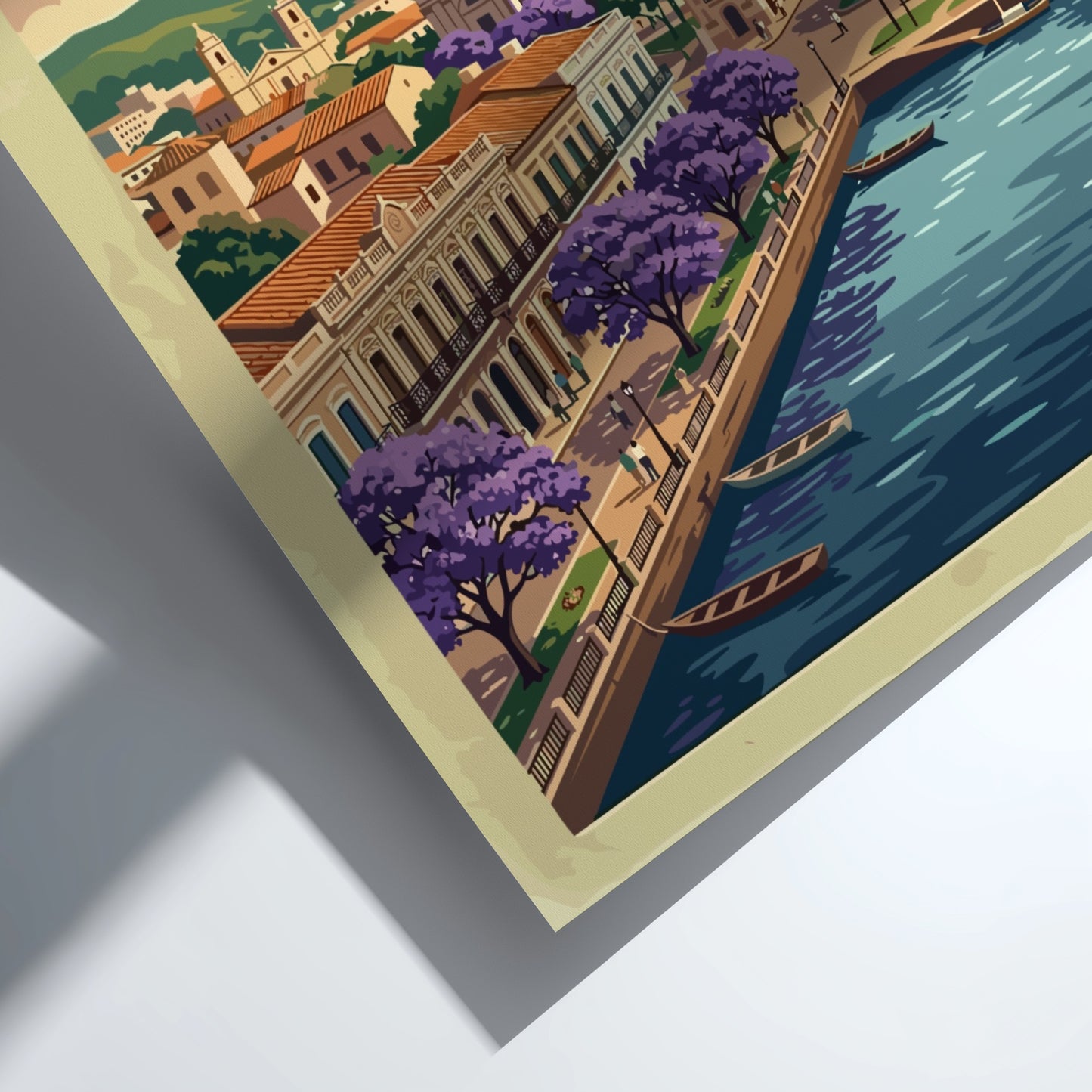 Travel poster of Asuncion featuring a domed building, purple flowering trees, and boats.