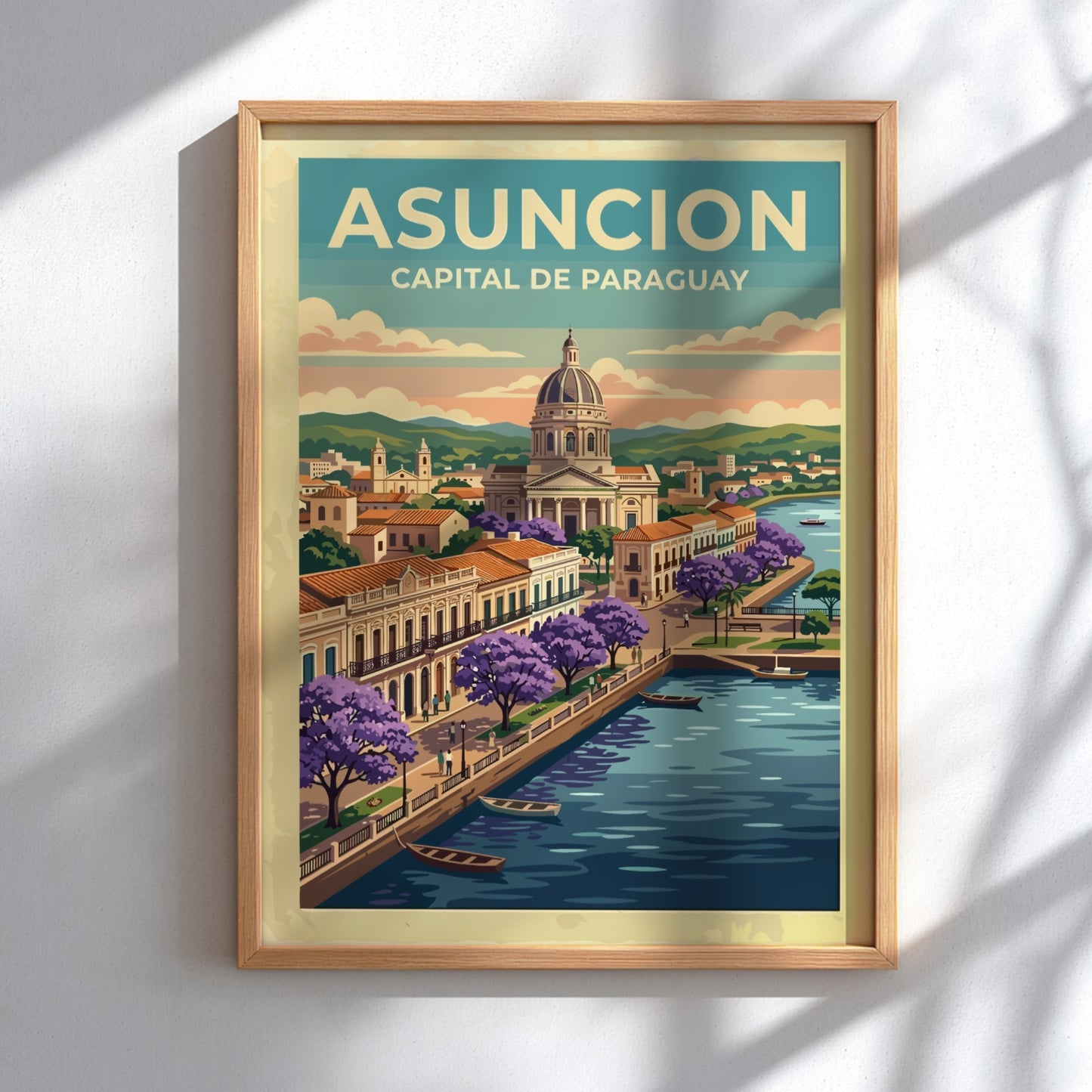 Travel poster of Asuncion featuring a domed building, purple flowering trees, and boats.