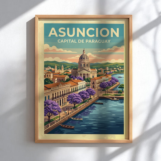 Travel poster of Asuncion featuring a domed building, purple flowering trees, and boats.