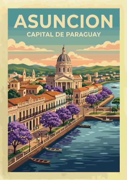 Travel poster of Asuncion featuring a domed building, purple flowering trees, and boats.