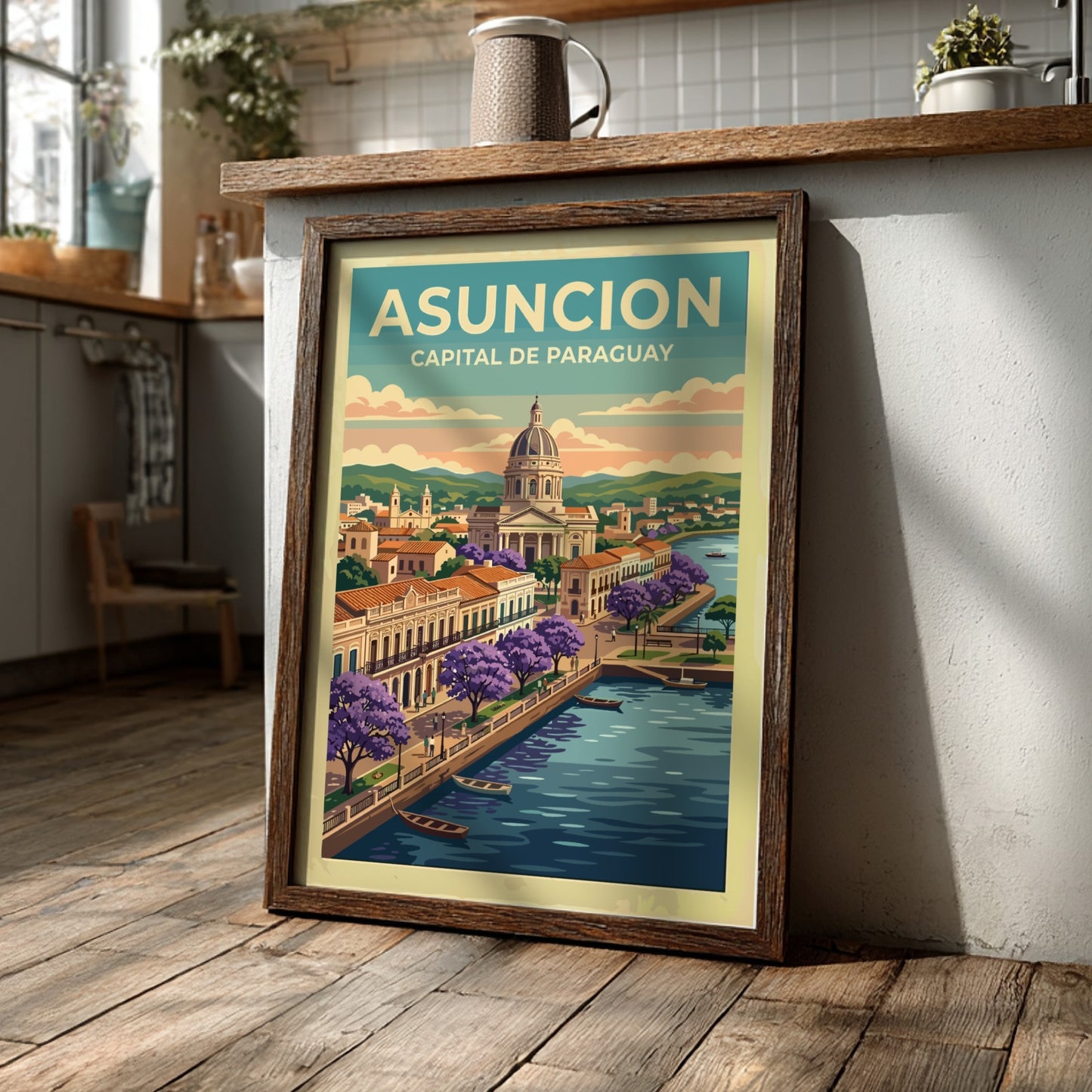 Travel poster of Asuncion featuring a domed building, purple flowering trees, and boats.
