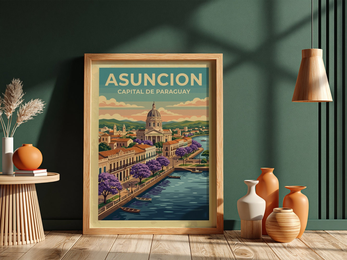 Travel poster of Asuncion featuring a domed building, purple flowering trees, and boats.