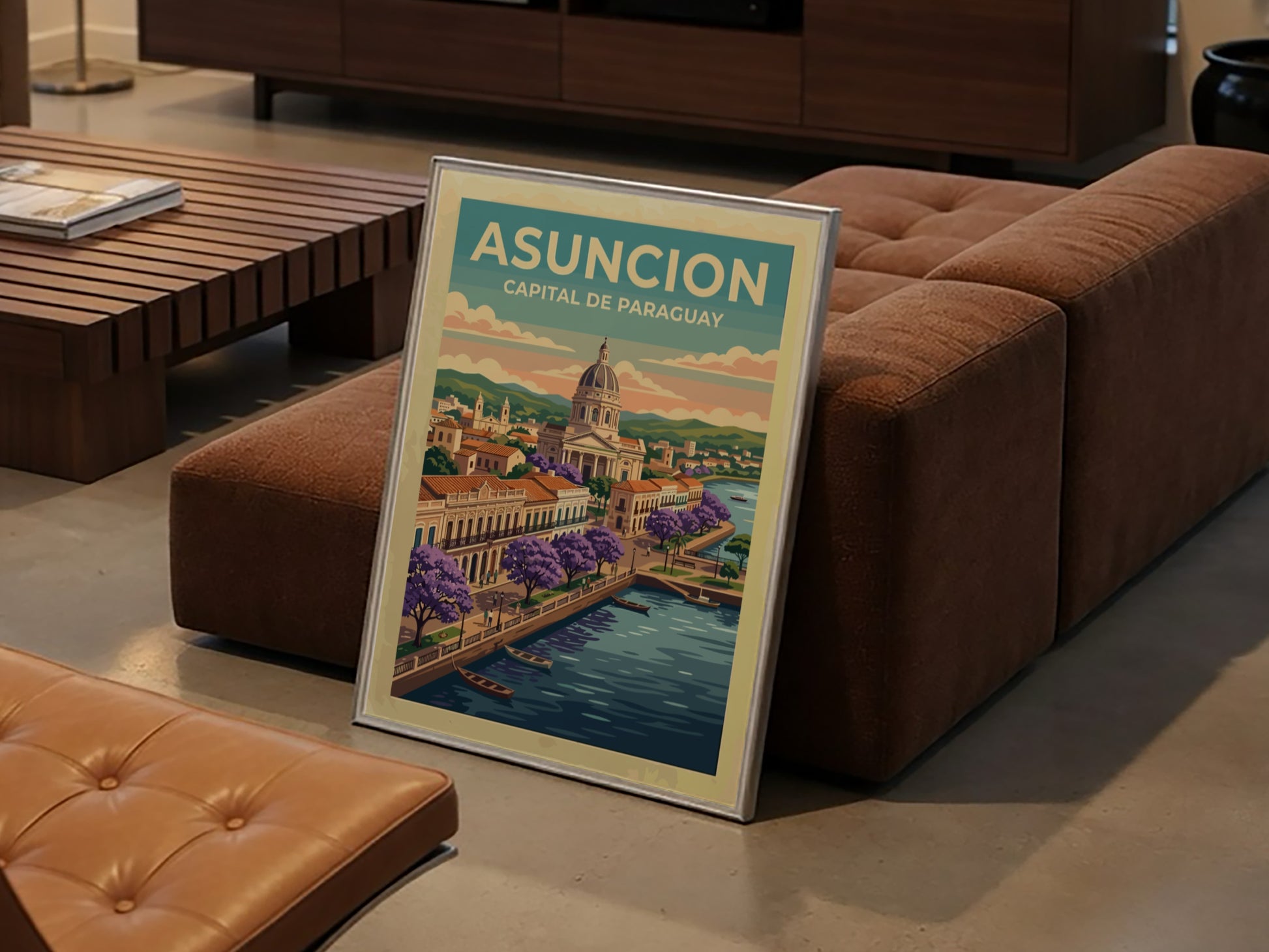 Travel poster of Asuncion featuring a domed building, purple flowering trees, and boats.