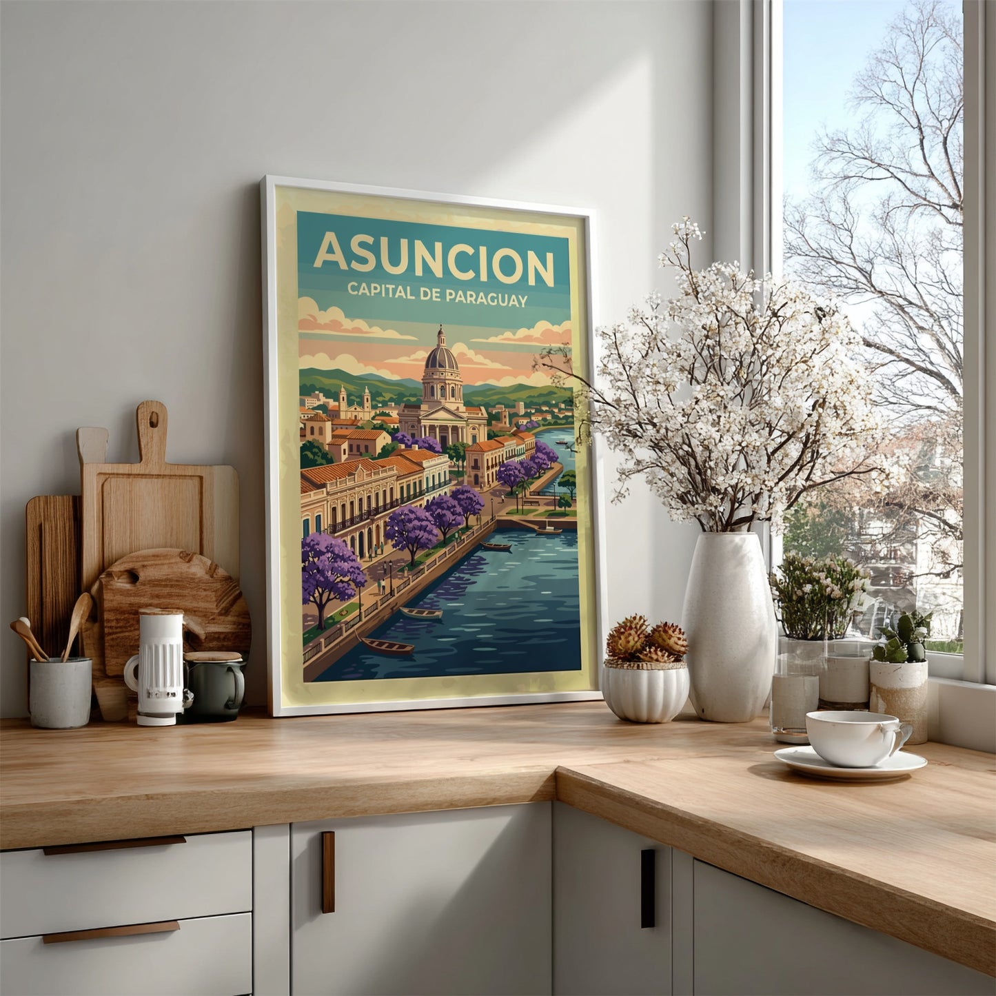 Travel poster of Asuncion featuring a domed building, purple flowering trees, and boats.