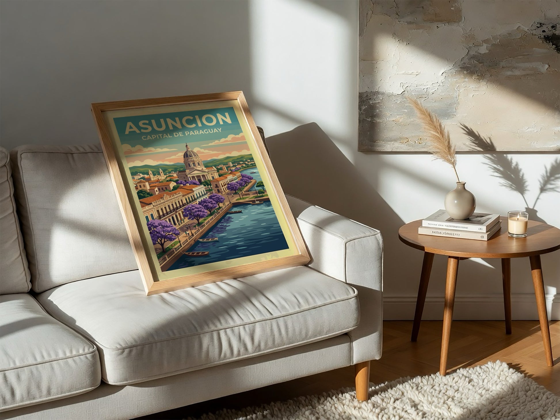 Travel poster of Asuncion featuring a domed building, purple flowering trees, and boats.