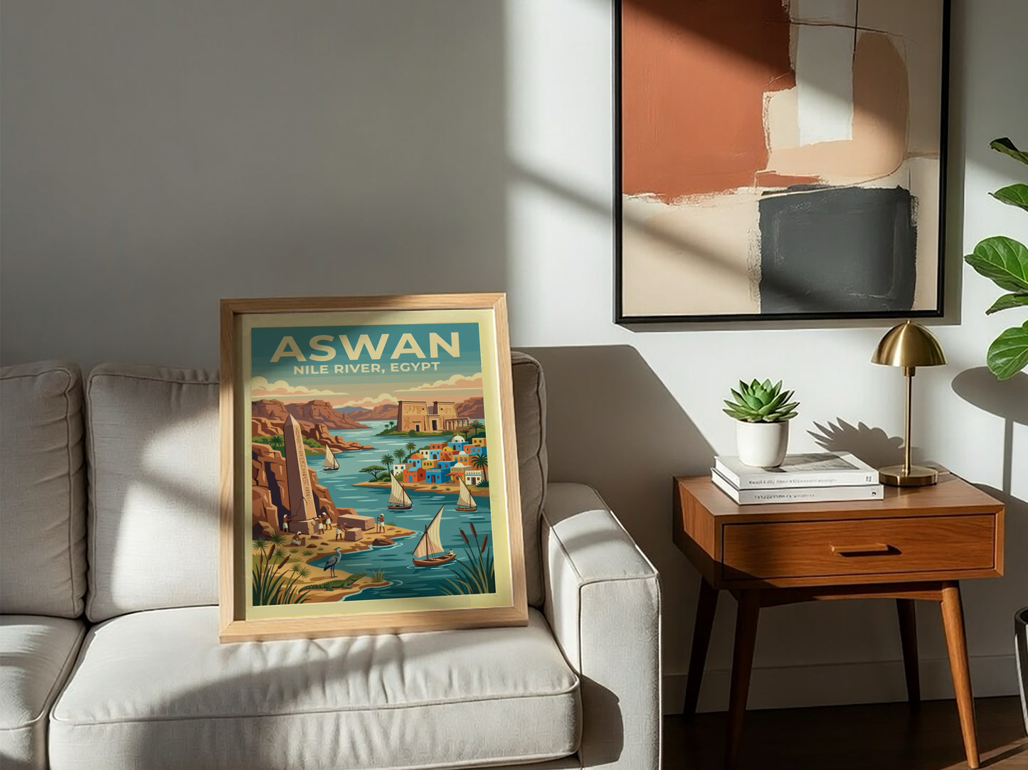 Travel poster of Aswan Egypt featuring the Nile River, ancient obelisks, and sailboats.