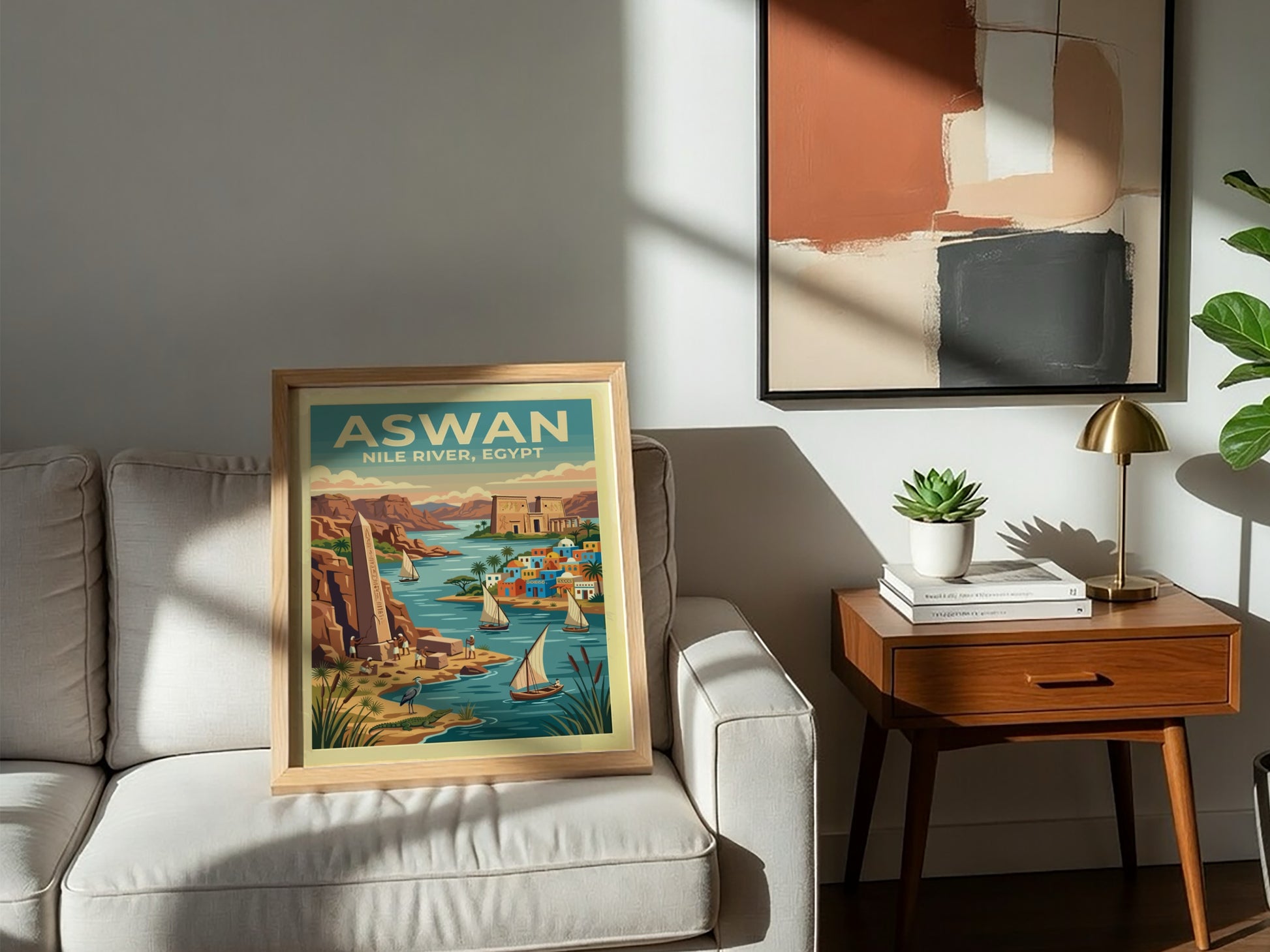 Travel poster of Aswan Egypt featuring the Nile River, ancient obelisks, and sailboats.