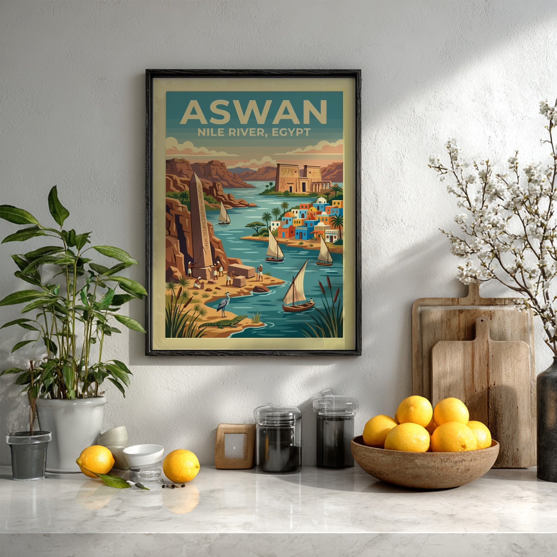 Travel poster of Aswan Egypt featuring the Nile River, ancient obelisks, and sailboats.