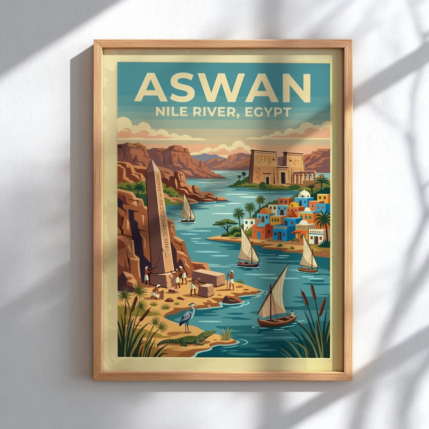 Travel poster of Aswan Egypt featuring the Nile River, ancient obelisks, and sailboats.