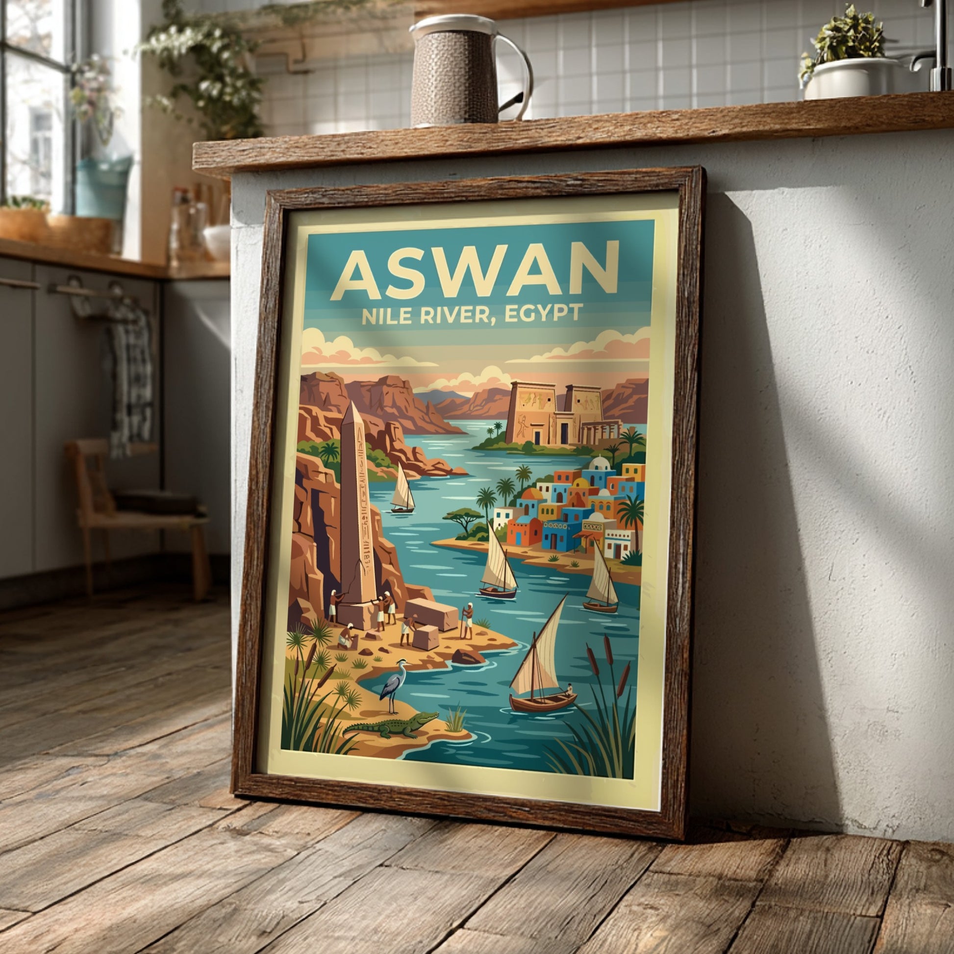 Travel poster of Aswan Egypt featuring the Nile River, ancient obelisks, and sailboats.