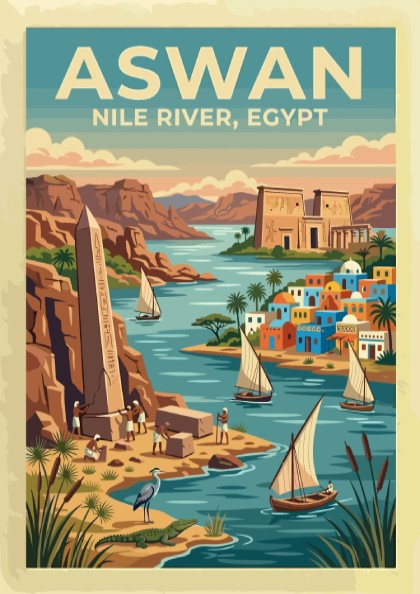 Travel poster of Aswan Egypt featuring the Nile River, ancient obelisks, and sailboats.