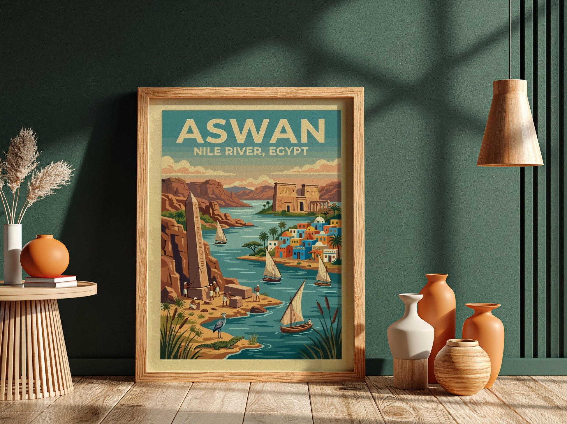 Travel poster of Aswan Egypt featuring the Nile River, ancient obelisks, and sailboats.