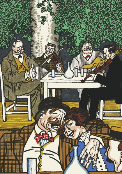 Art Nouveau poster of Moriz Jung's "At the Heuriger" depicting a lively tavern scene with musicians and