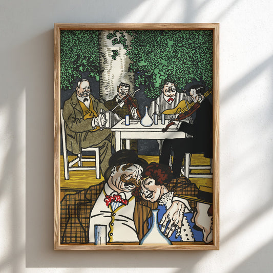 Art Nouveau poster of Moriz Jung's "At the Heuriger" depicting a lively tavern scene with musicians and