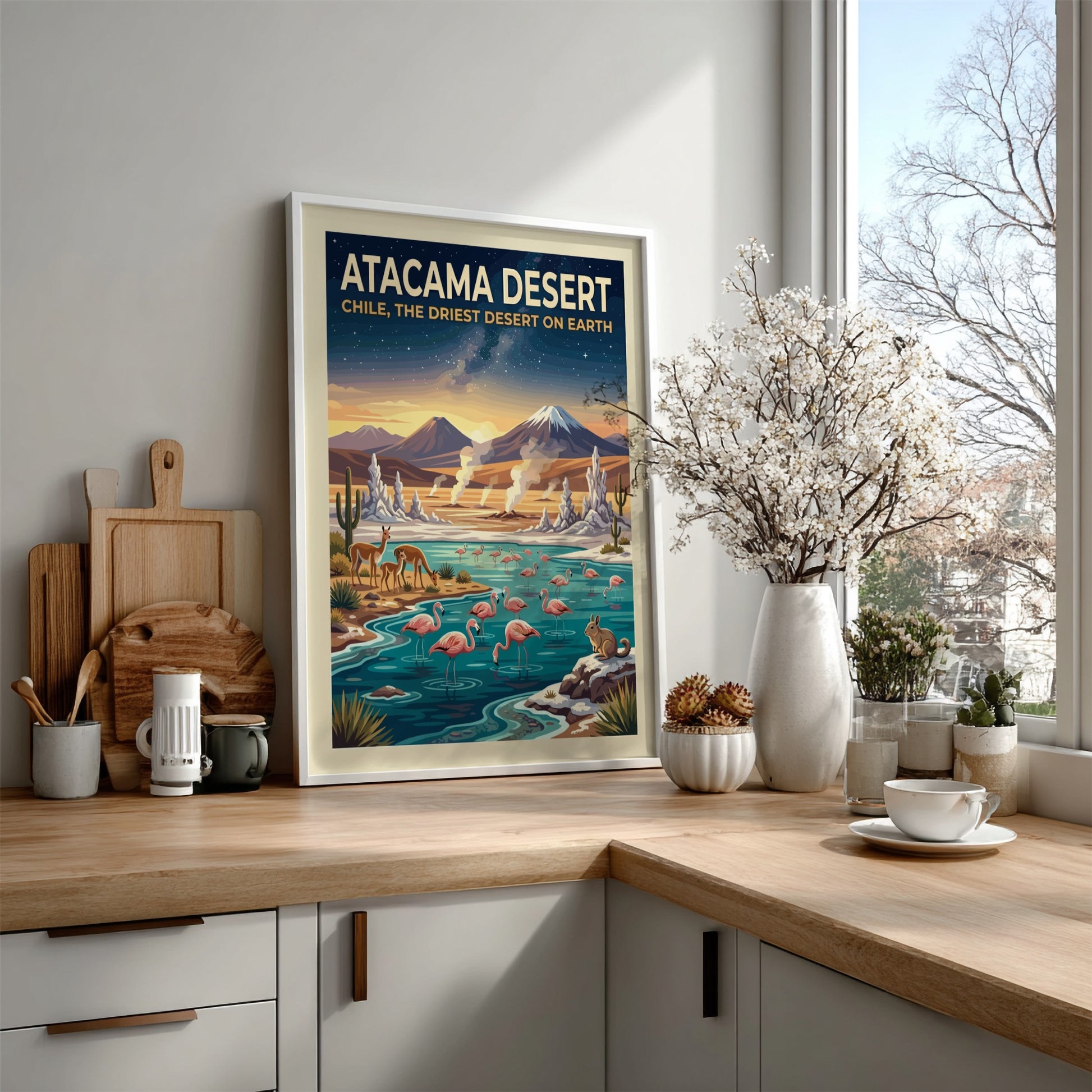 Travel poster of the Atacama Desert with flamingos, vicuñas, and mountains under stars.
