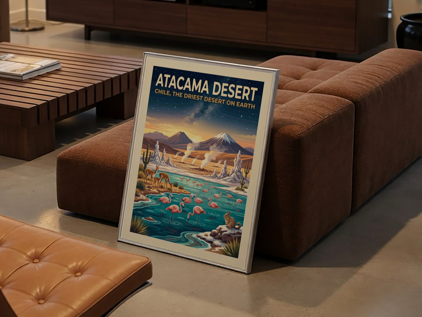 Travel poster of the Atacama Desert with flamingos, vicuñas, and mountains under stars.