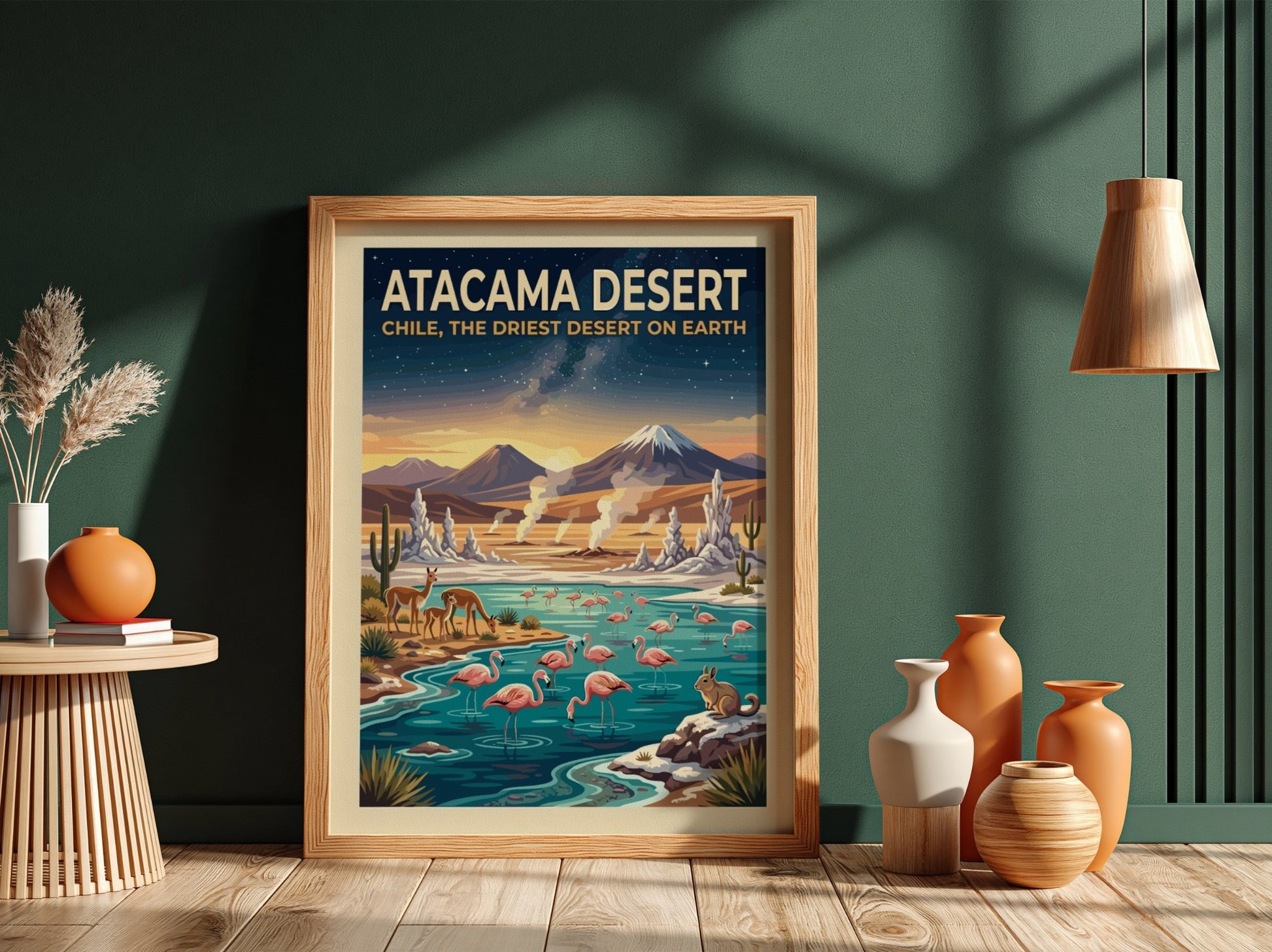 Travel poster of the Atacama Desert with flamingos, vicuñas, and mountains under stars.
