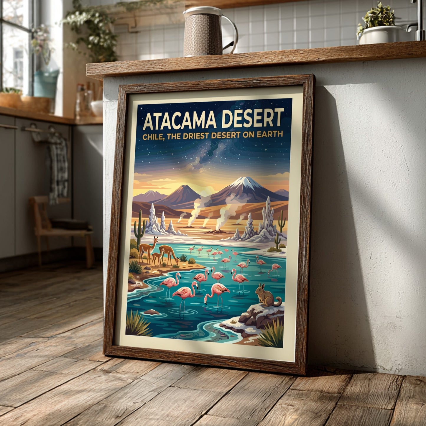 Travel poster of the Atacama Desert with flamingos, vicuñas, and mountains under stars.
