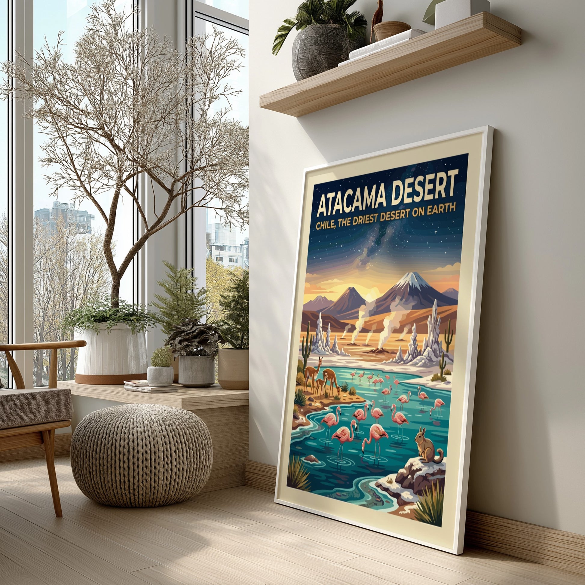 Travel poster of the Atacama Desert with flamingos, vicuñas, and mountains under stars.