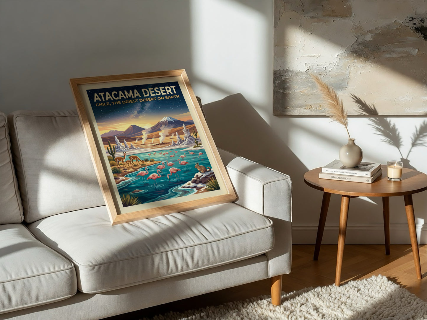 Travel poster of the Atacama Desert with flamingos, vicuñas, and mountains under stars.