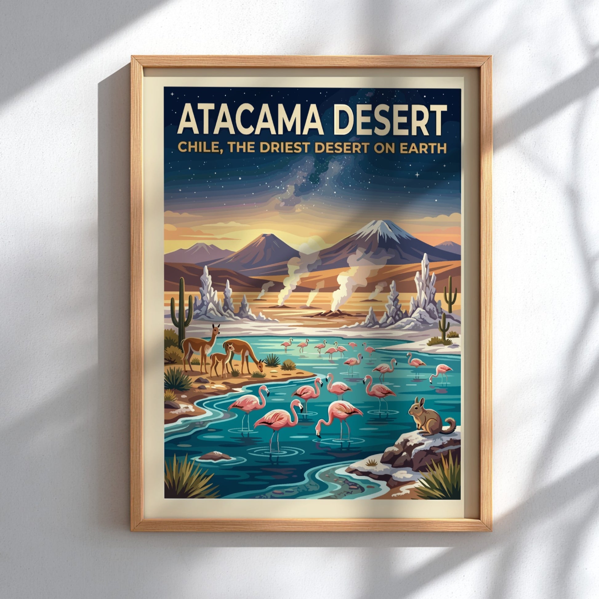 Travel poster of the Atacama Desert with flamingos, vicuñas, and mountains under stars.
