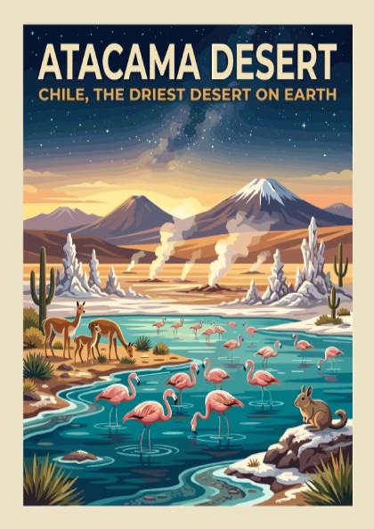 Travel poster of the Atacama Desert with flamingos, vicuñas, and mountains under stars.