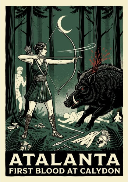Atalanta Greek mythology poster featuring the huntress shooting a boar, dark green forest style.