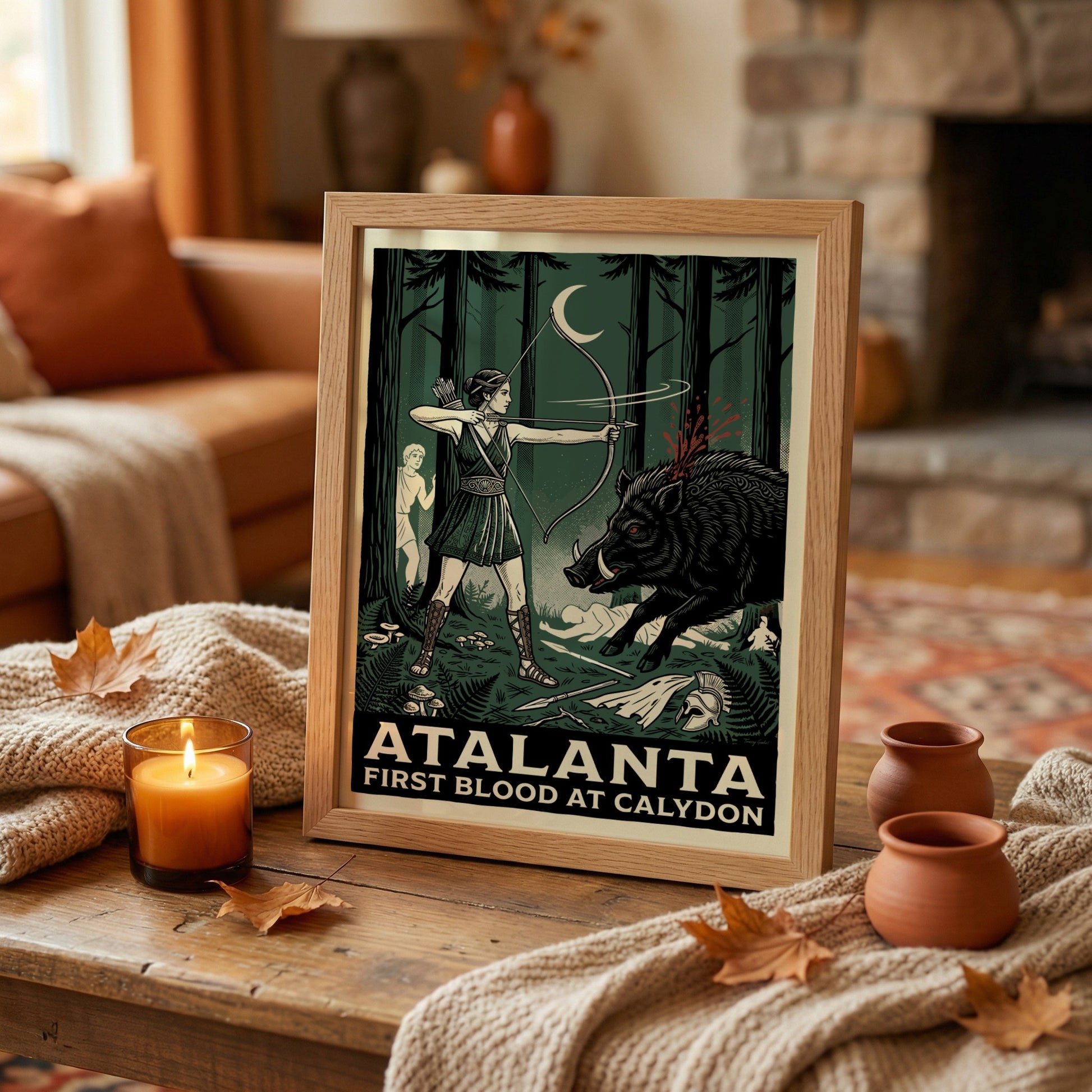 Atalanta Greek mythology poster featuring the huntress shooting a boar, dark green forest style.