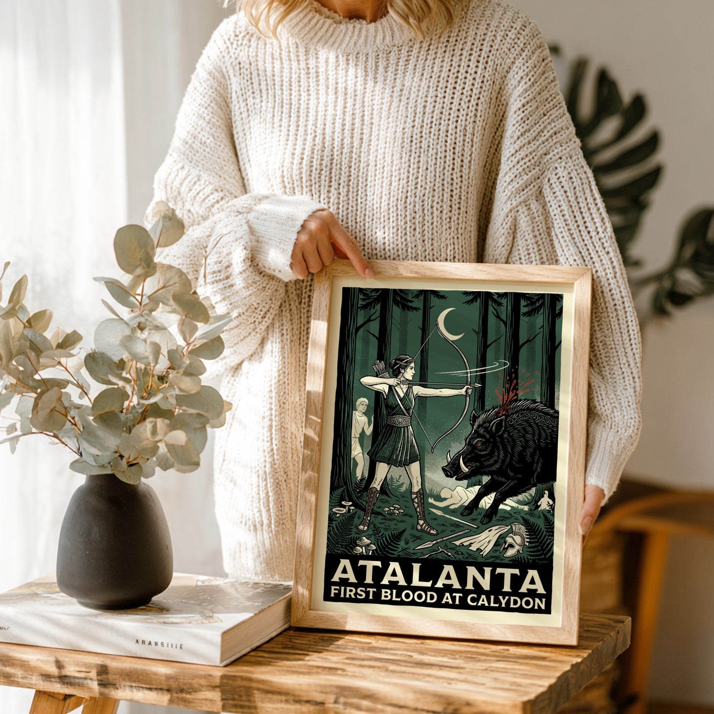 Atalanta Greek mythology poster featuring the huntress shooting a boar, dark green forest style.
