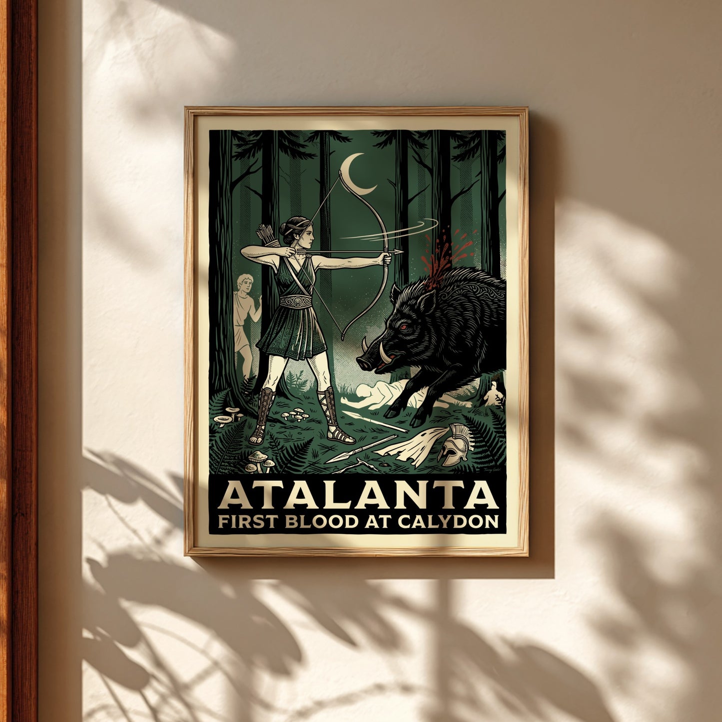 Atalanta Greek mythology poster featuring the huntress shooting a boar, dark green forest style.
