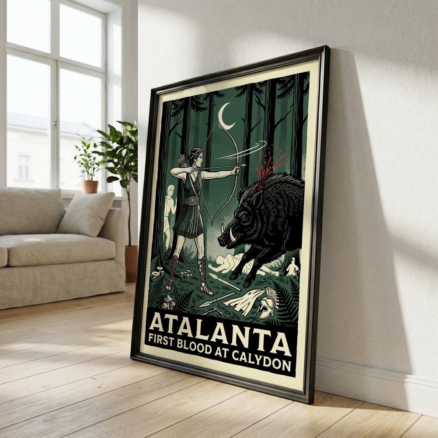 Atalanta Greek mythology poster featuring the huntress shooting a boar, dark green forest style.