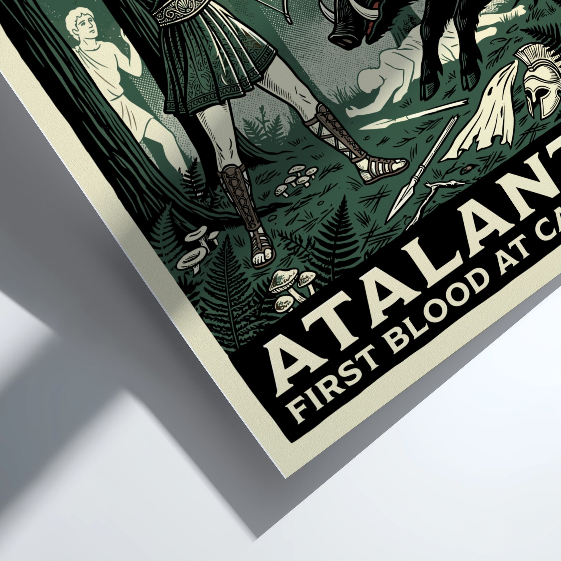 Atalanta Greek mythology poster featuring the huntress shooting a boar, dark green forest style.
