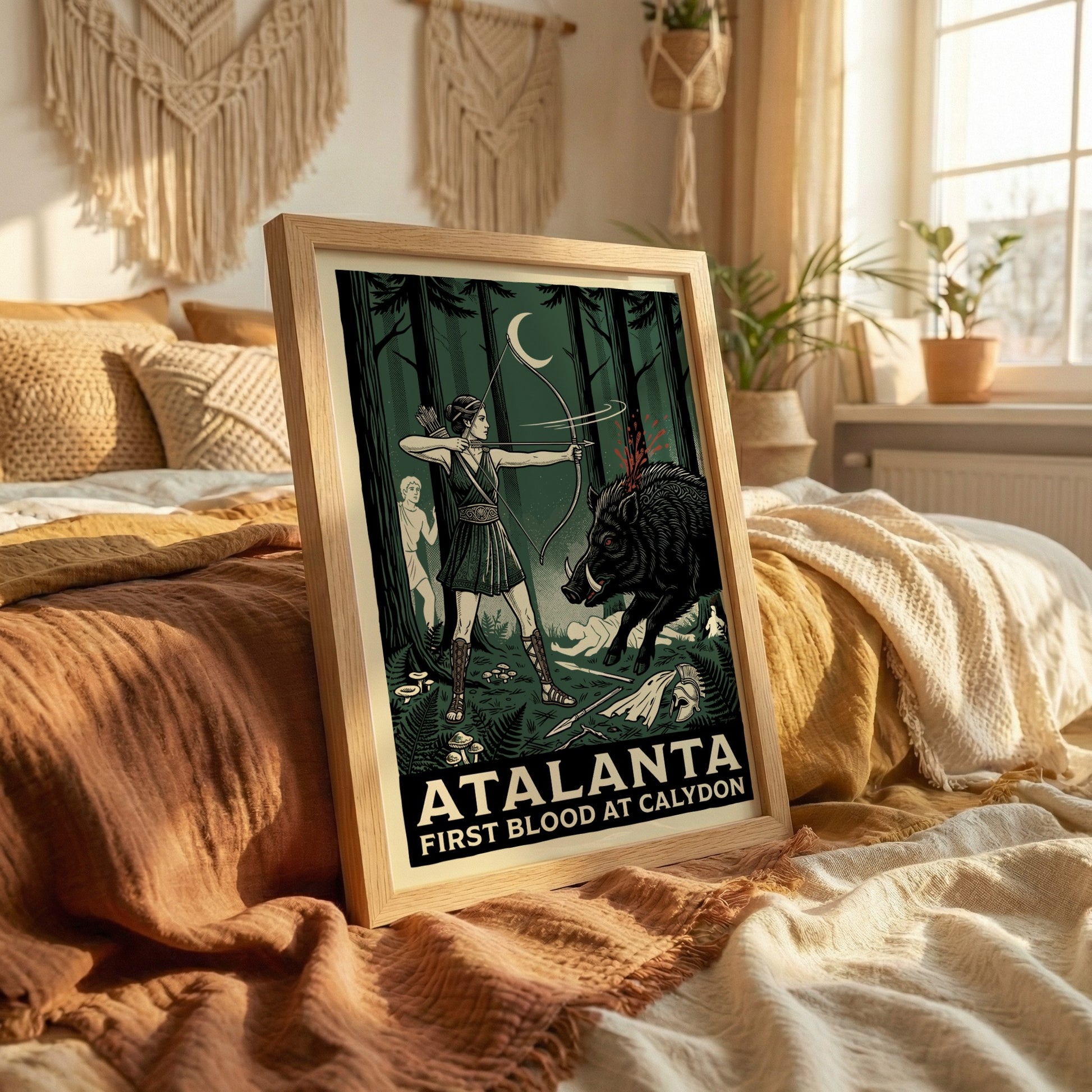Atalanta Greek mythology poster featuring the huntress shooting a boar, dark green forest style.