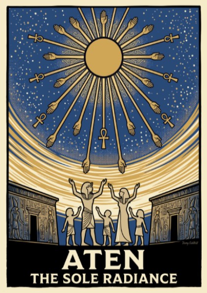 Poster displaying the Aten sun disc with radiating arms and ankhs above an Egyptian family.