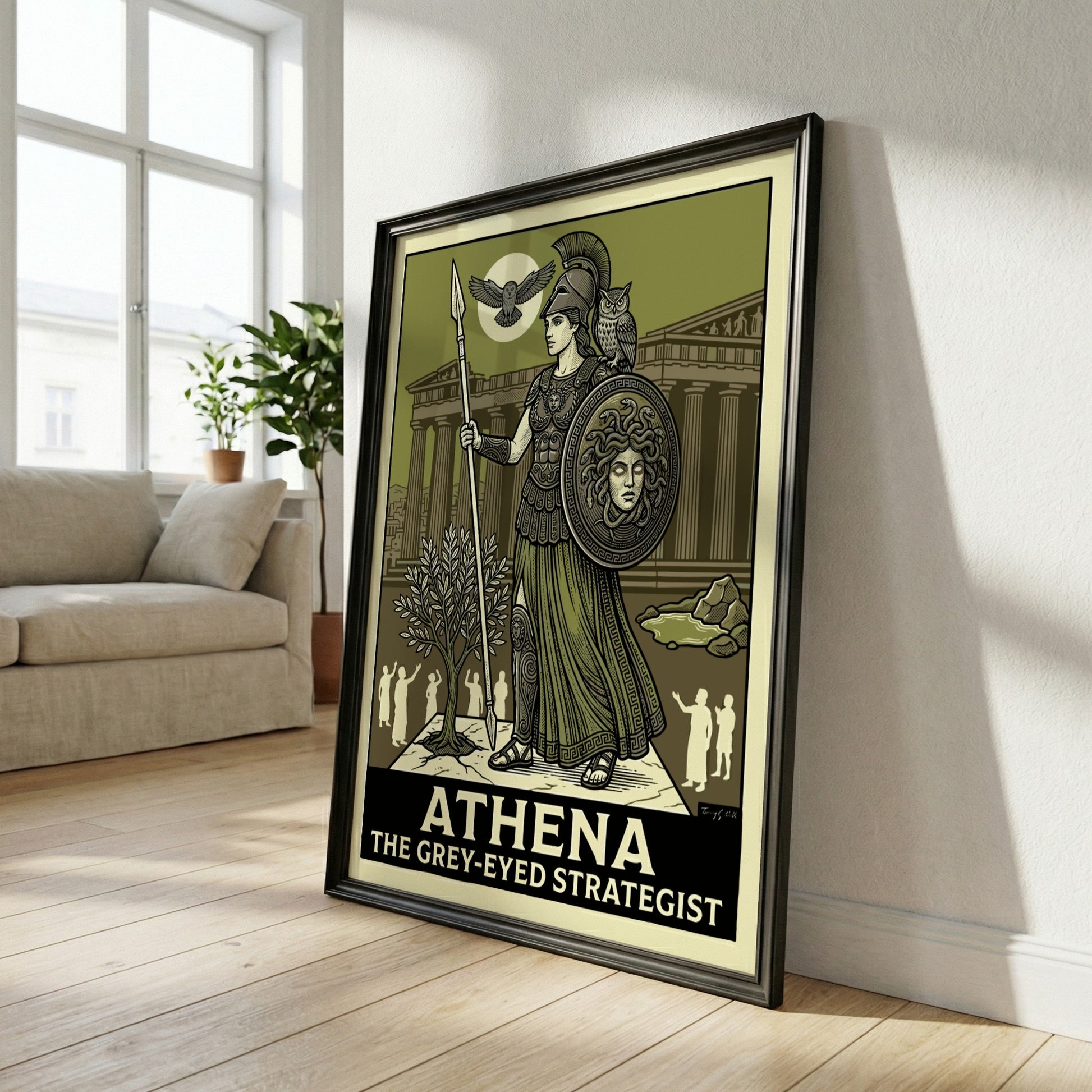 Athena Greek mythology poster featuring the goddess in armor with owls and the Parthenon.