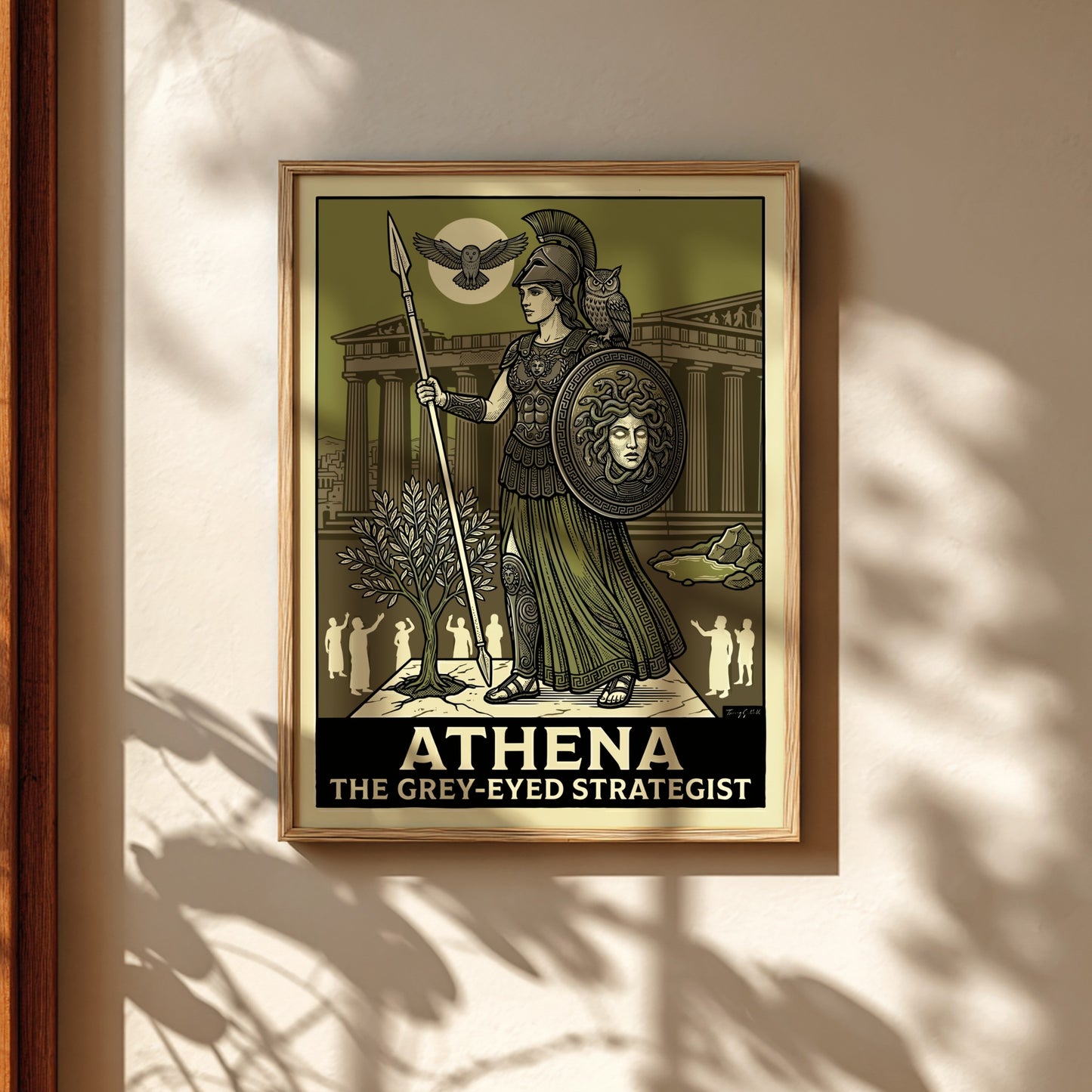 Athena Greek mythology poster featuring the goddess in armor with owls and the Parthenon.