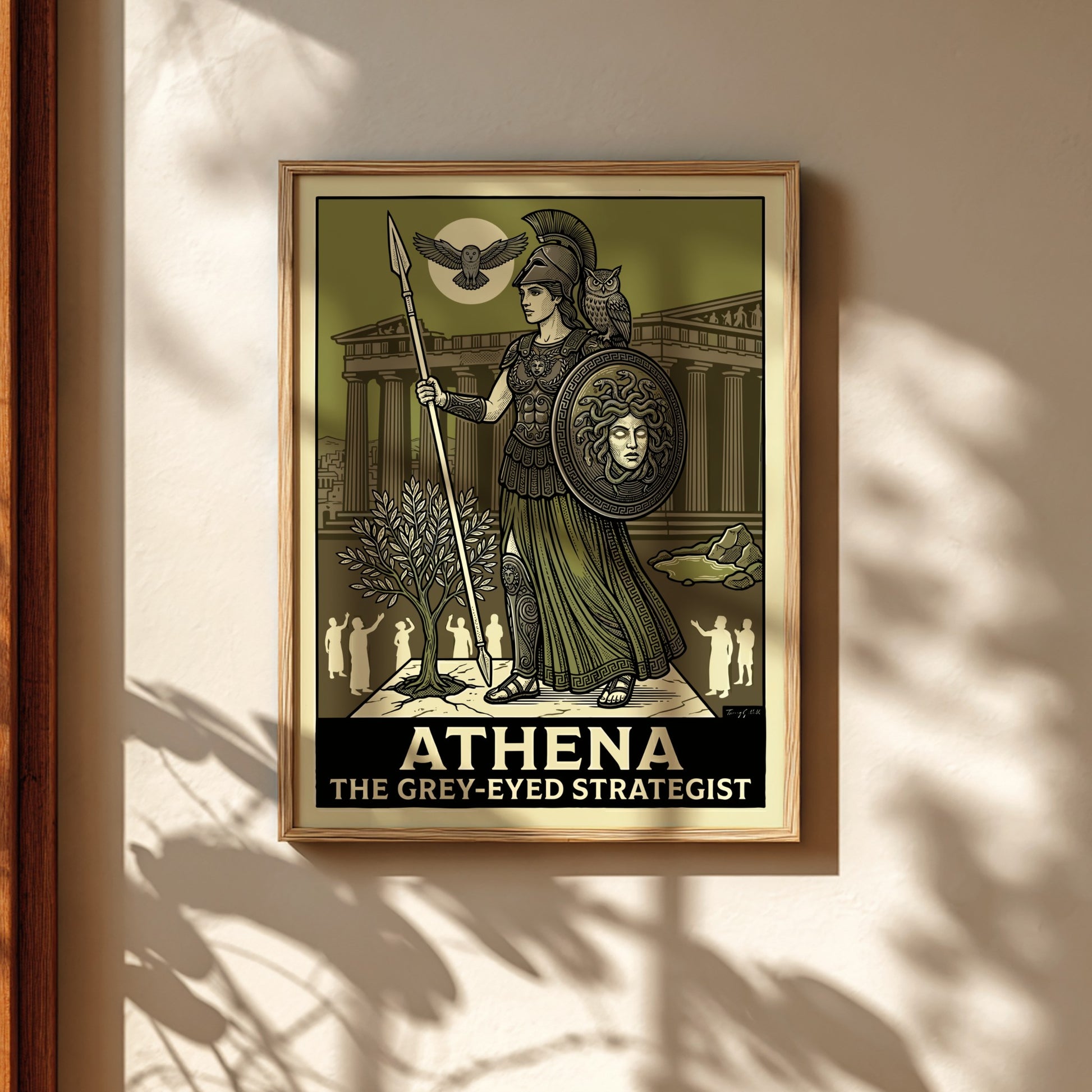 Athena Greek mythology poster featuring the goddess in armor with owls and the Parthenon.