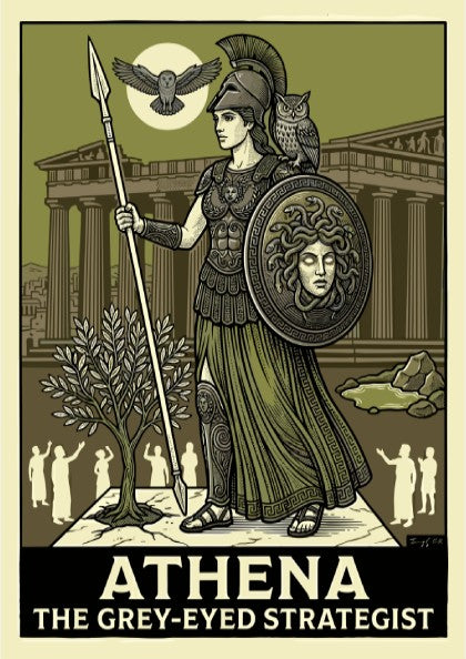Athena Greek mythology poster featuring the goddess in armor with owls and the Parthenon.