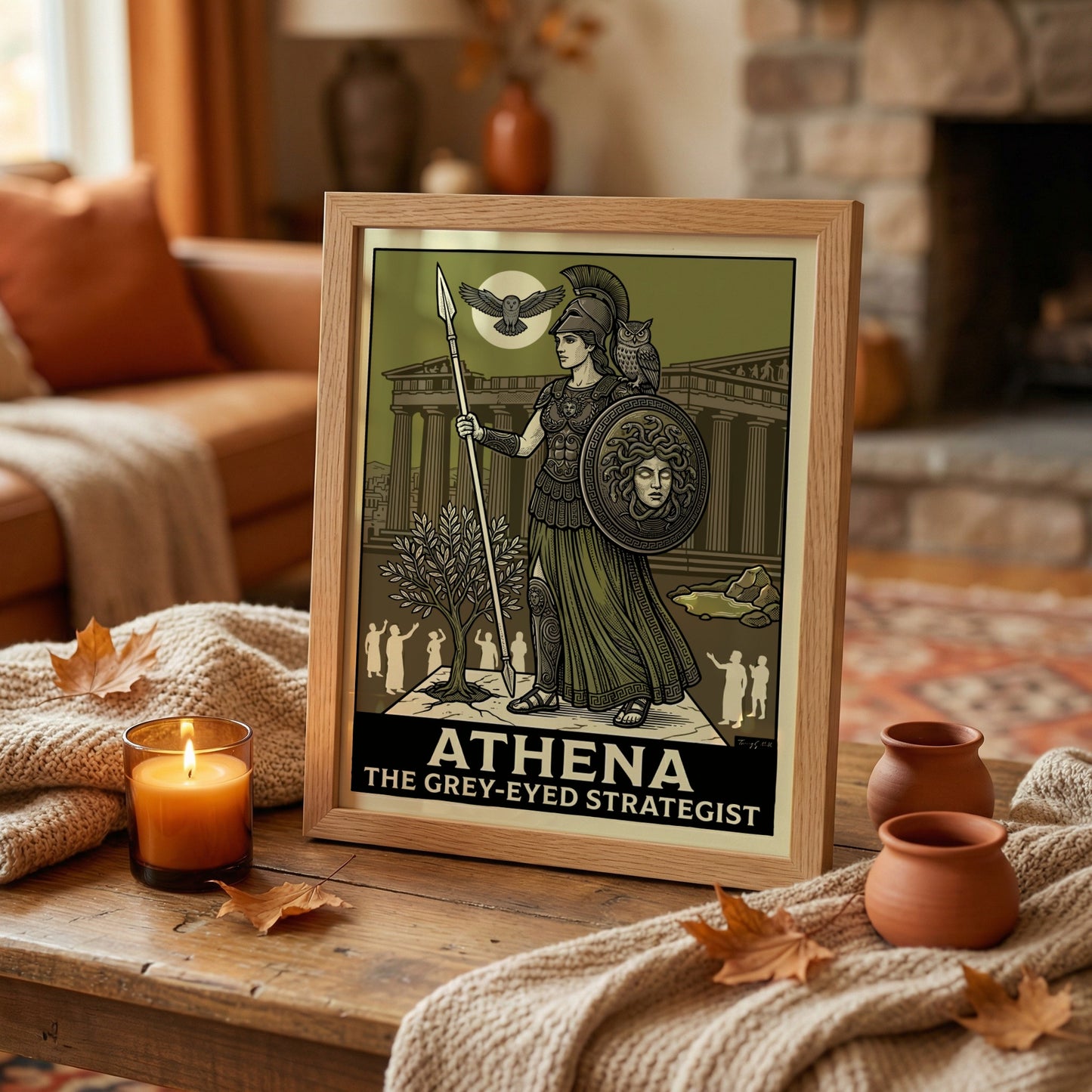 Athena Greek mythology poster featuring the goddess in armor with owls and the Parthenon.