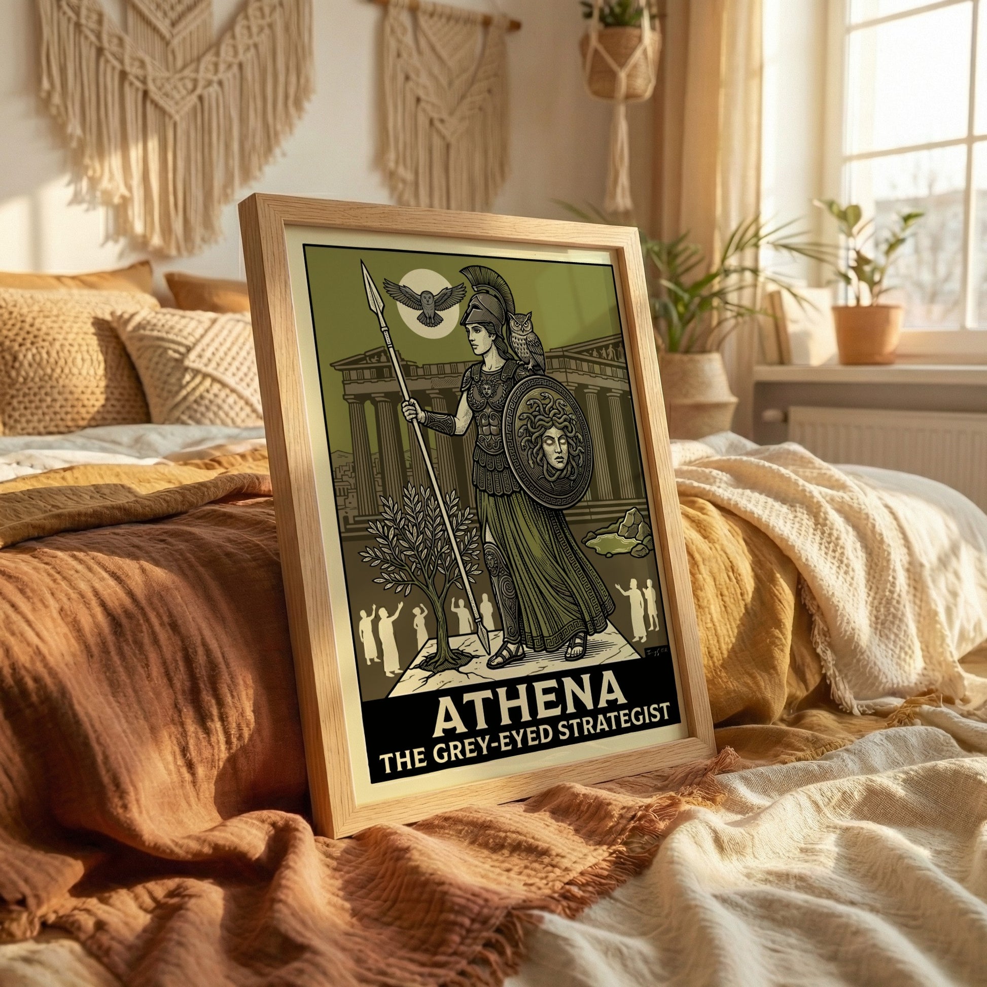 Athena Greek mythology poster featuring the goddess in armor with owls and the Parthenon.