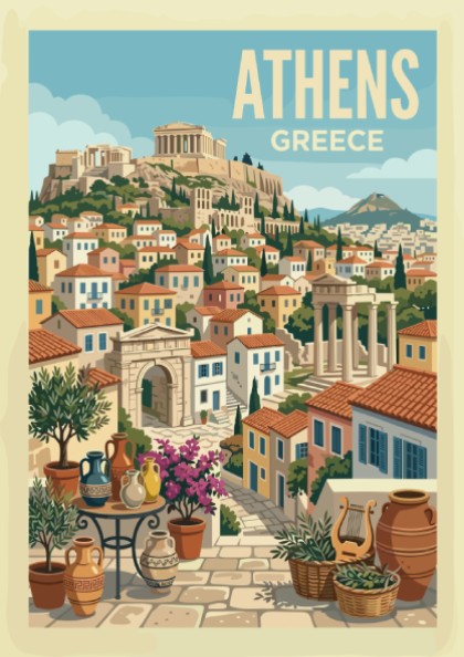 Vintage Athens travel poster illustration of the Acropolis and Greek cityscape in warm, retro colors.