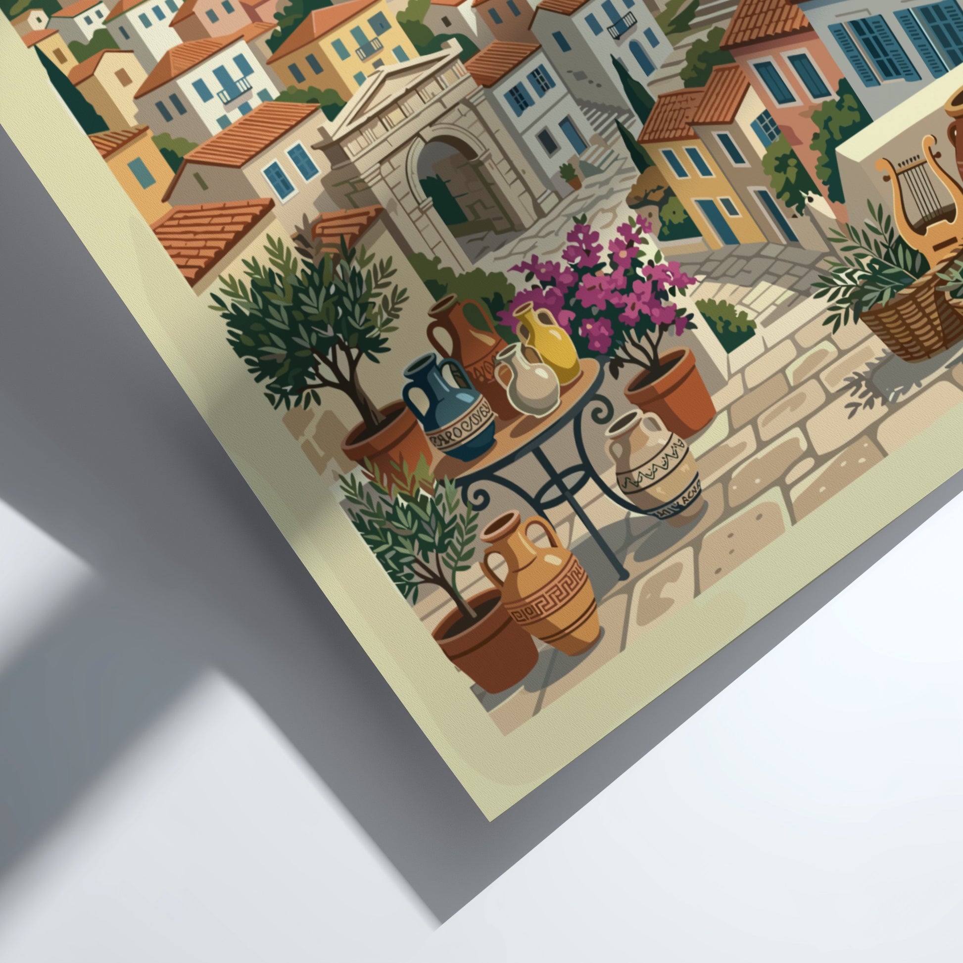 Vintage Athens travel poster illustration of the Acropolis and Greek cityscape in warm, retro colors.