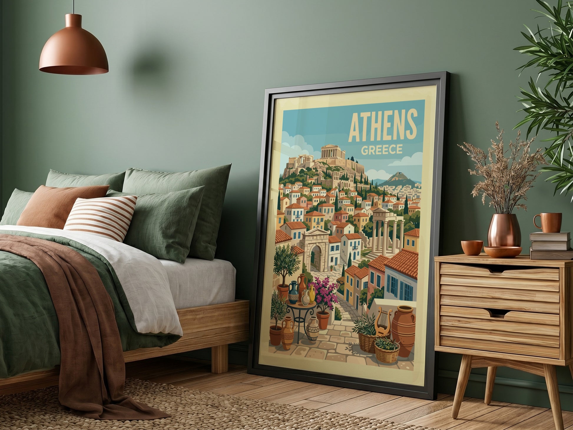 Vintage Athens travel poster illustration of the Acropolis and Greek cityscape in warm, retro colors.