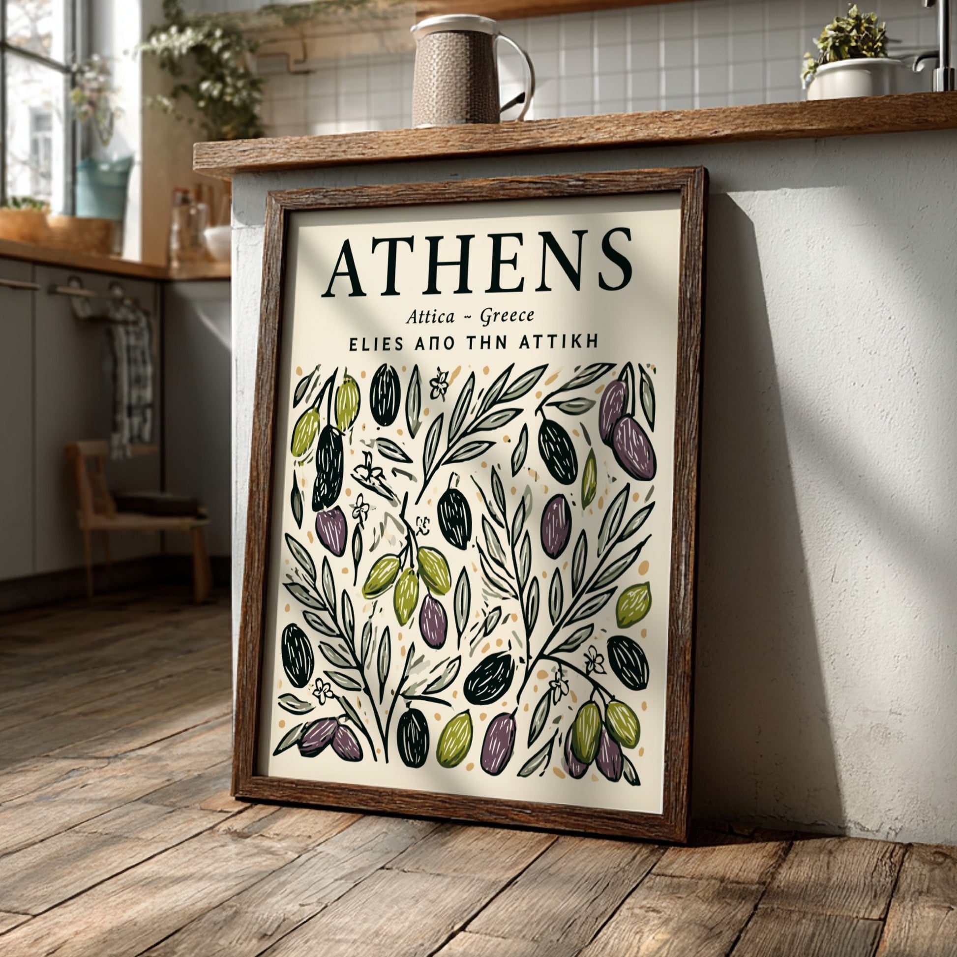 Kitchen poster featuring olive branches in earthy tones, perfect for Mediterranean decor.
