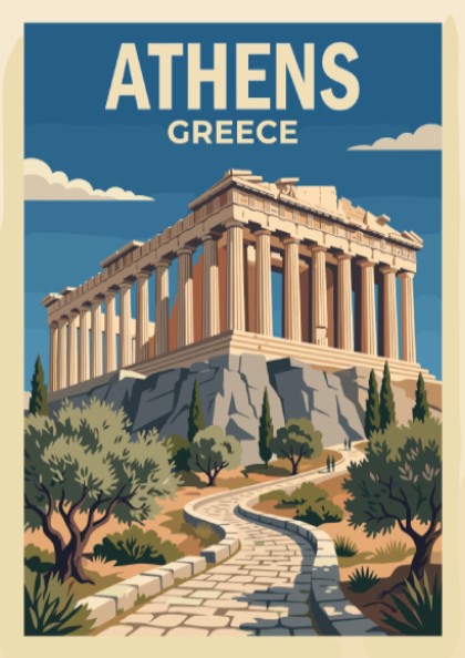 Travel poster of the Parthenon in Athens featuring stone columns and olive trees.